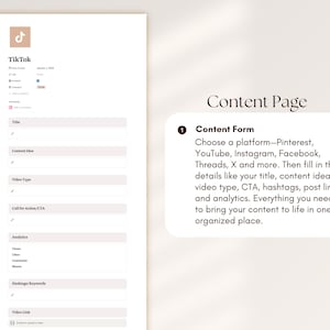 May include: A digital content planning page with a TikTok logo and fields for title, content ideas, video type, and analytics. A content form is also visible, with instructions to choose a platform and fill in details.