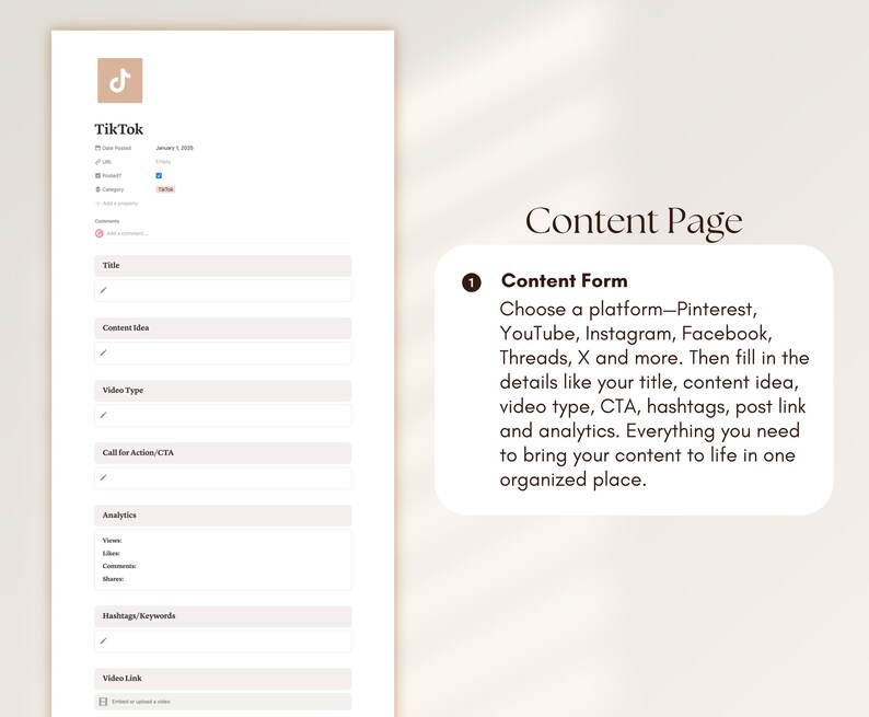 May include: A digital content planning page with a TikTok logo and fields for title, content ideas, video type, and analytics. A content form is also visible, with instructions to choose a platform and fill in details.