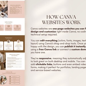 Puede incluir: Dise&ntilde;o de dise&ntilde;o de p&aacute;gina web con el texto "HOW CANVA WEBSITES WORK". El dise&ntilde;o incluye secciones para beneficios, c&oacute;mo funciona, testimonios y preguntas frecuentes. El dise&ntilde;o es en tonos de rosa y marr&oacute;n.