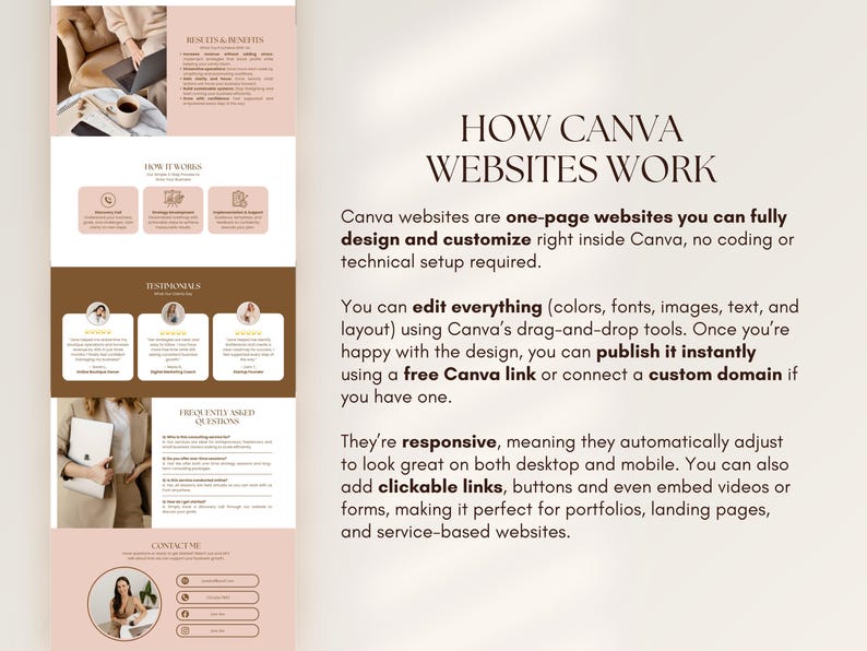 Puede incluir: Dise&ntilde;o de dise&ntilde;o de p&aacute;gina web con el texto "HOW CANVA WEBSITES WORK". El dise&ntilde;o incluye secciones para beneficios, c&oacute;mo funciona, testimonios y preguntas frecuentes. El dise&ntilde;o es en tonos de rosa y marr&oacute;n.