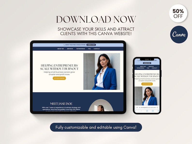 May include: A digital marketing graphic featuring a tablet and smartphone displaying a website design. The website promotes scaling businesses and attracting clients. Text includes "DOWNLOAD NOW" and "Fully customizable and editable using Canva!"