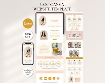 Plantilla de sitio web de Canva con portafolio rosa y amarillo para creadores de contenido, kit de redes sociales, página de destino, plantilla de portafolio para creadores de UGC