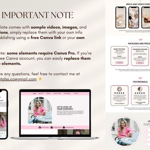 May include: A digital marketing template with a light pink and white color scheme. The design includes mockups of a phone and laptop displaying a website, along with sections for pricing, testimonials, and contact information. Text includes "IMPORTANT NOTE" and "LET'S LEVEL UP YOUR CONTENT!"