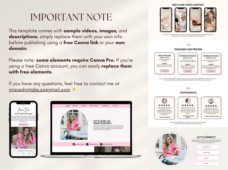 May include: A digital marketing template with a light pink and white color scheme. The design includes mockups of a phone and laptop displaying a website, along with sections for pricing, testimonials, and contact information. Text includes "IMPORTANT NOTE" and "LET'S LEVEL UP YOUR CONTENT!"
