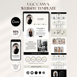Puede incluir: Un diseño de plantilla de sitio web que se muestra en una tableta y un teléfono inteligente, que muestra un diseño de portafolio. El diseño presenta una paleta de colores neutros con elementos negros y beige. El logotipo de Canva y "50% OFF" también son visibles.