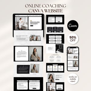 Pode incluir: Um design de marketing digital que mostra um site Canva para coaching online. O design inclui maquetes de sites em um tablet e smartphone, com uma promoção de 50% de desconto. O texto diz "Crie e venda produtos digitais mesmo sem experiência."