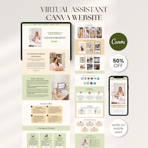 May include: A website design displayed on a tablet and two smartphones. The website showcases a virtual assistant service, with the text "Virtual Assistant Canva Website" at the top. The design includes images, text, and a "50% OFF" promotion.