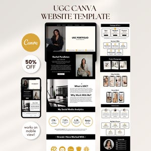 Pode incluir: Modelo de site digital em preto e branco, exibido em tablet e smartphone. Contém o texto "UGC CANVA WEBSITE TEMPLATE", um selo "50% OFF" e o logotipo da Canva. Apresenta um portfólio e análises de mídia social.