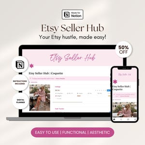 May include: A digital product advertisement for Etsy sellers. The image shows a laptop and smartphone displaying the "Etsy Seller Hub" interface. The design is in pink and white, with the text "Etsy Seller Hub" and "Your Etsy hustle, made easy!" The image also includes a "50% OFF" badge.