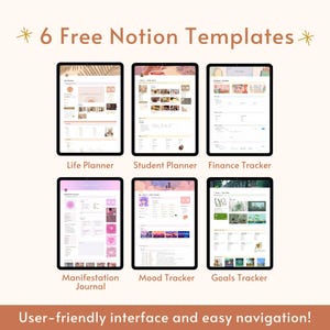 Op de afbeelding: Zes gratis Notion-sjablonen voor organisatie en productiviteit. De sjablonen omvatten een levensplanner, een studentenplanner, een financi&euml;le tracker, een manifestatiejournaal, een stemmingstracker en een doeltracker. Elk sjabloon heeft een kleurrijke achtergrond en een gebruiksvriendelijke interface.