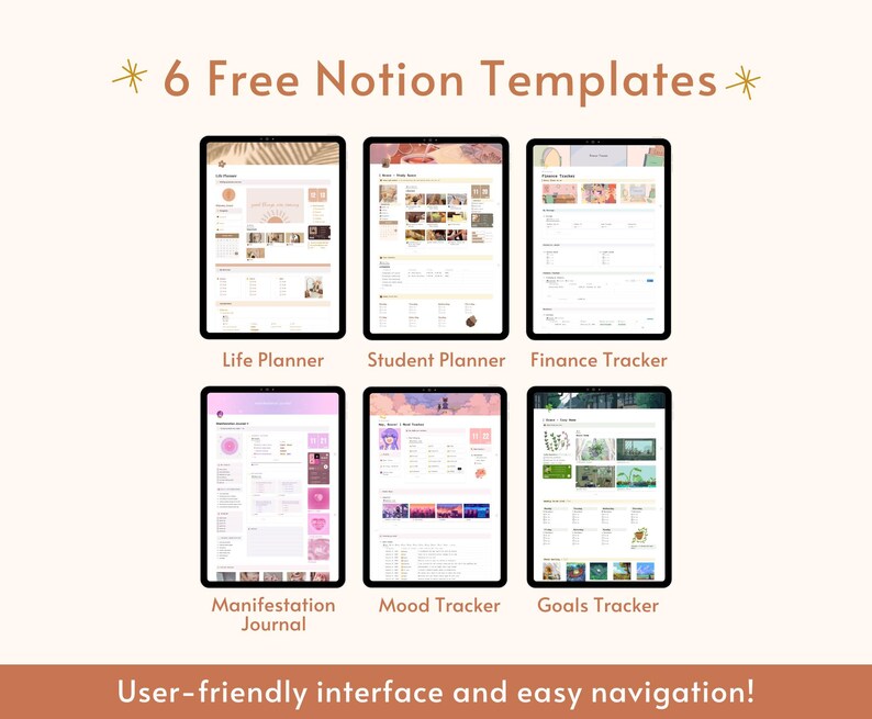 Op de afbeelding: Zes gratis Notion-sjablonen voor organisatie en productiviteit. De sjablonen omvatten een levensplanner, een studentenplanner, een financi&euml;le tracker, een manifestatiejournaal, een stemmingstracker en een doeltracker. Elk sjabloon heeft een kleurrijke achtergrond en een gebruiksvriendelijke interface.