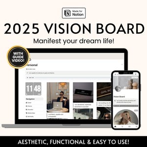 Tablero de visión de manifestación 2025, plantilla de Notion, tableros de inspiración estética, objetivos 2025, tablero de visión digital, planificador, tablero de Notion