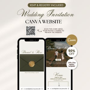May include: A wedding invitation design displayed on two smartphones. The design includes the text "Wedding Invitation" and "CANVA WEBSITE". One phone shows an envelope design with the names "Daniel & Rose". The other phone shows a wedding photo and venue details.