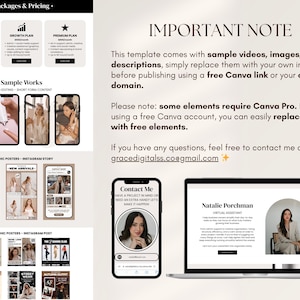 May include: A digital marketing template with pricing plans and sample works displayed on mobile phones and a laptop. The image includes the text "IMPORTANT NOTE" and contact information for inquiries.