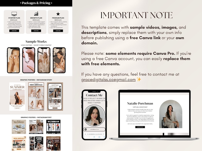 May include: A digital marketing template with pricing plans and sample works displayed on mobile phones and a laptop. The image includes the text "IMPORTANT NOTE" and contact information for inquiries.