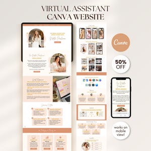 Puede incluir: Un diseño de marketing digital que muestra un sitio web de Canva de asistente virtual. El diseño incluye maquetas de tableta, teléfono y sitio web con el texto "Virtual Assistant Canva Website". El diseño también incluye el logotipo de Canva y una promoción "50% OFF".