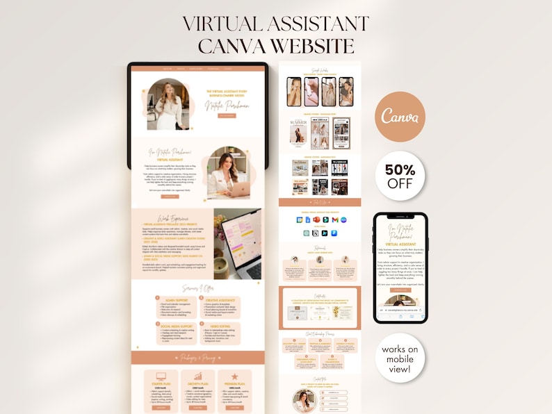 Puede incluir: Un dise&ntilde;o de marketing digital que muestra un sitio web de Canva de asistente virtual. El dise&ntilde;o incluye maquetas de tableta, tel&eacute;fono y sitio web con el texto "Virtual Assistant Canva Website". El dise&ntilde;o tambi&eacute;n incluye el logotipo de Canva y una promoci&oacute;n "50% OFF".