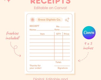 Plantilla de recibo digital de Canva, editable, estética, para pequeñas empresas, papel de recibo, embalaje para clientes, factura, plantilla personalizada imprimible.