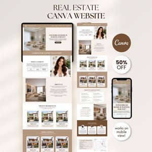 Puede incluir: Un diseño digital para un sitio web de bienes raíces, mostrado en una tableta y un teléfono inteligente. El diseño presenta una paleta de colores neutros con imágenes de casas y el texto "REAL ESTATE CANVA WEBSITE". Un gráfico circular indica una promoción del 50% de descuento.