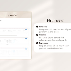 May include: A digital finance management interface with the word "Finances" at the top. The interface displays sections for invoices, income, and expenses, with descriptions for each. The design is clean and modern, with a neutral color palette.