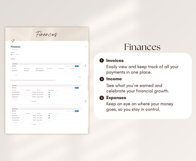 May include: A digital finance management interface with the word "Finances" at the top. The interface displays sections for invoices, income, and expenses, with descriptions for each. The design is clean and modern, with a neutral color palette.