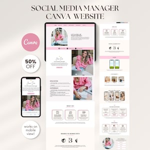 May include: A digital marketing website design displayed on a tablet and smartphone. The website features a pink and white colour scheme, with the text "SOCIAL MEDIA MANAGER CANVA WEBSITE" at the top. A pink circle reads "50% OFF".