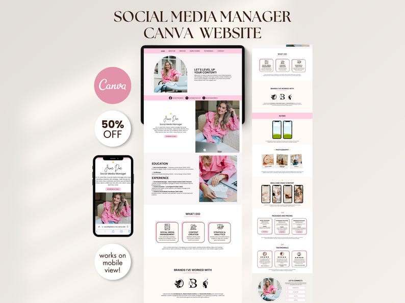 May include: A digital marketing website design displayed on a tablet and smartphone. The website features a pink and white color scheme, with the text "SOCIAL MEDIA MANAGER CANVA WEBSITE" at the top. A pink circle reads "50% OFF".