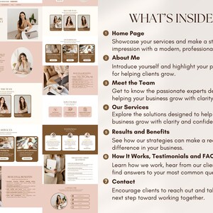 Puede incluir: Dise&ntilde;o web con una paleta de colores suaves en beige y marr&oacute;n. El dise&ntilde;o incluye secciones para la p&aacute;gina de inicio, sobre m&iacute;, equipo, servicios, resultados e informaci&oacute;n de contacto. El texto dice "Helping Entrepreneurs Scale What Works".