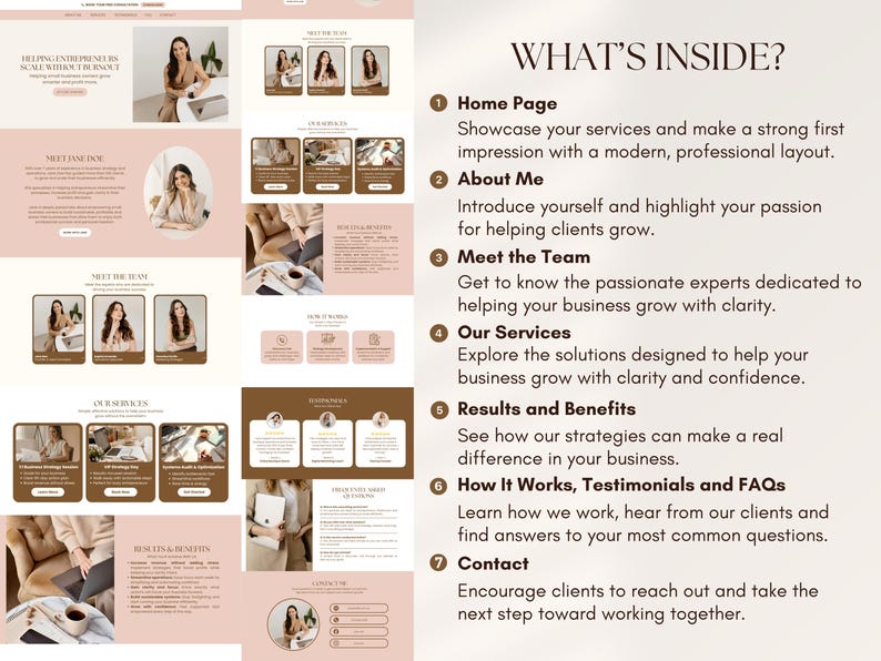 Puede incluir: Dise&ntilde;o web con una paleta de colores suaves en beige y marr&oacute;n. El dise&ntilde;o incluye secciones para la p&aacute;gina de inicio, sobre m&iacute;, equipo, servicios, resultados e informaci&oacute;n de contacto. El texto dice "Helping Entrepreneurs Scale What Works".