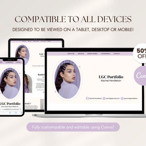 May include: A digital design showcasing a UGC portfolio on a laptop, tablet, and phone. The design features a woman's portrait in an oval frame, with text that reads "UGC Portfolio" and "Rachel Pendleton." The design is compatible with all devices.