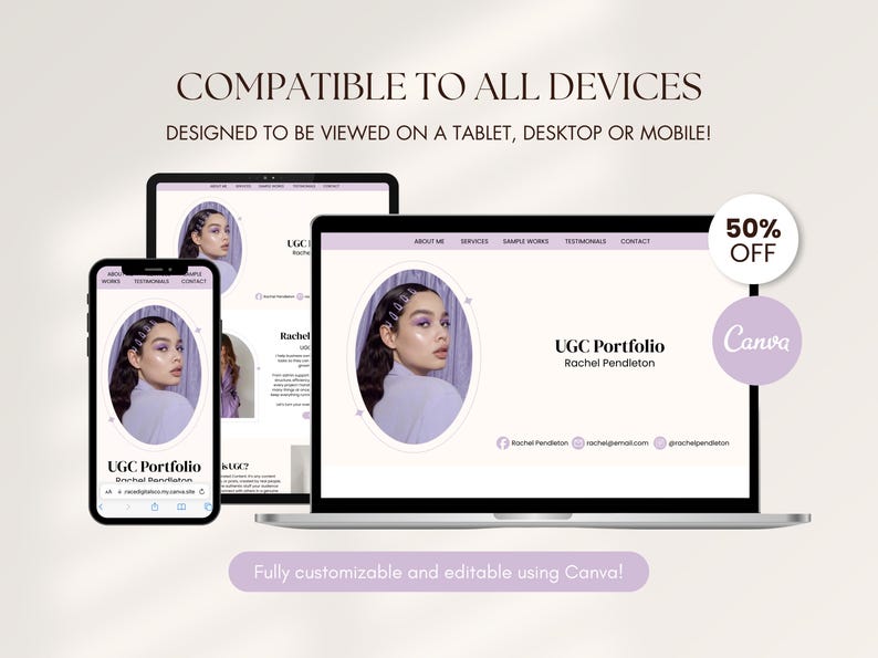 May include: A digital design showcasing a UGC portfolio on a laptop, tablet, and phone. The design features a woman's portrait in an oval frame, with text that reads "UGC Portfolio" and "Rachel Pendleton." The design is compatible with all devices.