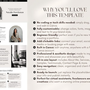 May include: A website template for virtual assistants and freelancers, featuring a clean, modern design. The template includes sections for services, work experience, and contact information. Text on the page reads "Why You'll Love This Template."