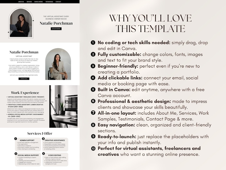 May include: A website template for virtual assistants and freelancers, featuring a clean, modern design. The template includes sections for services, work experience, and contact information. Text on the page reads "Why You'll Love This Template."