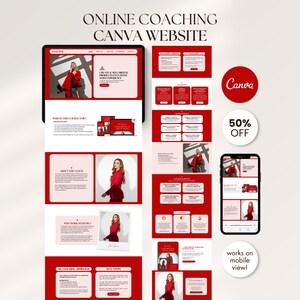May include: A digital mockup of a website design for online coaching, displayed on a tablet and smartphone. The design features a red and white color scheme with images of a woman in a red outfit. Text includes "Online Coaching Canva Website" and "50% OFF".