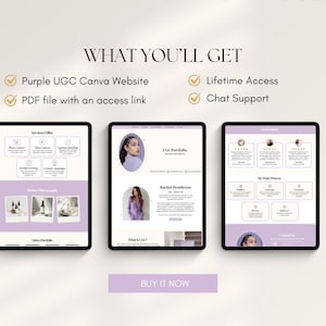 May include: Three digital tablets displaying a website layout with a purple and white color scheme. The text "WHAT YOU'LL GET" is at the top, with bullet points listing features. The bottom of the image has a "BUY IT NOW" button.