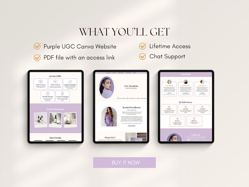 May include: Three digital tablets displaying a website layout with a purple and white color scheme. The text "WHAT YOU'LL GET" is at the top, with bullet points listing features. The bottom of the image has a "BUY IT NOW" button.