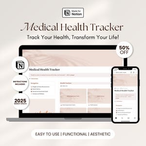 Puede incluir: Una pantalla de ordenador y un teléfono móvil muestran una plantilla de seguimiento de la salud médica digital para la aplicación Notion. La plantilla está diseñada para ayudar a los usuarios a hacer un seguimiento de su salud y bienestar. La pantalla muestra una lista de seguimientos de salud, que incluyen el peso y las medidas corporales, los hábitos saludables, la salud mental y emocional, el estilo de vida y el bienestar, y las citas médicas. El texto en la pantalla dice "Medical Health Tracker" y "2025 Newest Update".