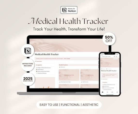 Medical Health Tracker Notion Template ADHD Health Planner Symptom Log Wellness Diary Digital Medical Journal Health Hub Dashboard