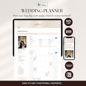 Plantilla definitiva para planificar bodas en Notion: organizador digital de bodas con seguimiento de presupuesto, lista de invitados, plano de asientos, lista de verificación y cronograma.