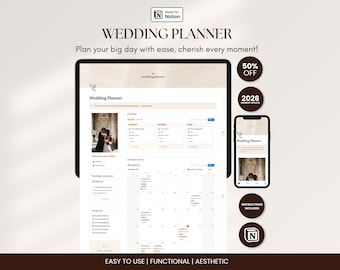 Modello Notion definitivo per l'organizzazione del matrimonio: organizer digitale con monitoraggio del budget, lista degli invitati, disposizione dei posti a sedere, lista di controllo e cronologia.