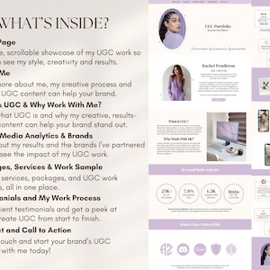 May include: A website design with a light purple and white color scheme. The site showcases a UGC portfolio, including a home page, about me section, and social media analytics. The site also features testimonials and contact information.