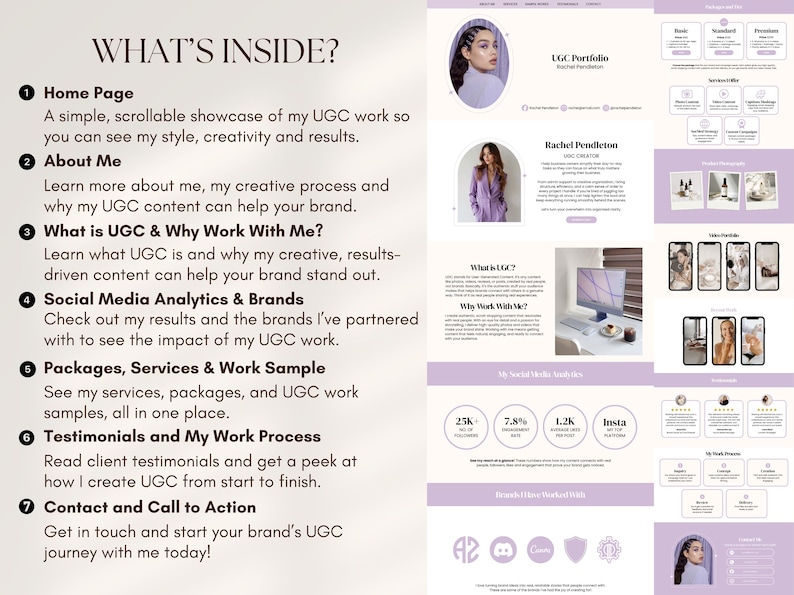 May include: A website design with a light purple and white color scheme. The site showcases a UGC portfolio, including a home page, about me section, and social media analytics. The site also features testimonials and contact information.