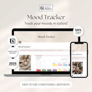 Könnte beinhalten: Ein digitaler Mood Tracker, der auf einem Laptop und Smartphone angezeigt wird. Der Laptop-Bildschirm zeigt einen Kalender mit farbcodierten Stimmungen, und das Telefon zeigt einen Fitnessplaner. Text enthält "Mood Tracker" und "Track your moods in colors!"
