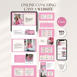 Puede incluir: Diseño de marketing digital para un sitio web de coaching en línea, mostrado en una tableta, teléfono y otros dispositivos. El diseño presenta una combinación de colores rosa y blanco con el texto "ONLINE COACHING CANVA WEBSITE". La imagen también incluye el logotipo de Canva y una insignia de "50% OFF".