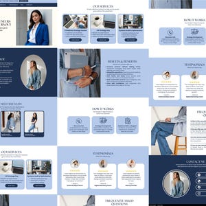 May include: A website layout with a blue and white color scheme. The design includes sections for services, testimonials, and frequently asked questions. The text reads "Helping Entrepreneurs Scale Without Burnout" and "Meet Jane Doe."