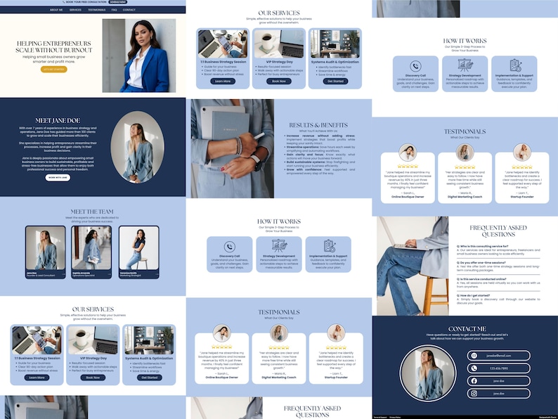 May include: A website layout with a blue and white color scheme. The design includes sections for services, testimonials, and frequently asked questions. The text reads "Helping Entrepreneurs Scale Without Burnout" and "Meet Jane Doe."