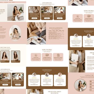 Puede incluir: Dise&ntilde;o web en tonos marrones y rosas. El sitio incluye secciones para servicios, testimonios e informaci&oacute;n de contacto. El texto dice: "Helping Entrepreneurs Scale Without Burnout".