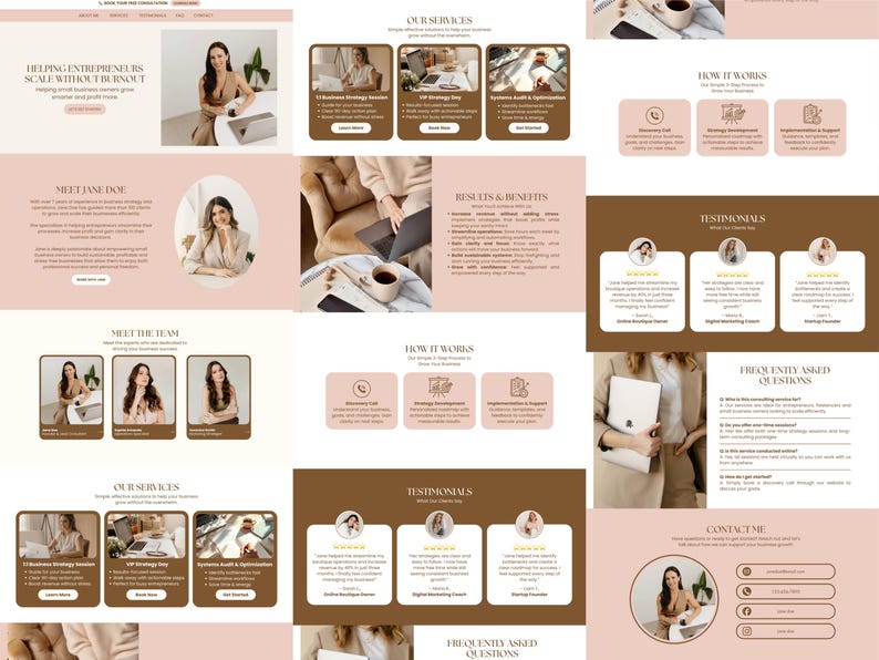 Puede incluir: Dise&ntilde;o web en tonos marrones y rosas. El sitio incluye secciones para servicios, testimonios e informaci&oacute;n de contacto. El texto dice: "Helping Entrepreneurs Scale Without Burnout".