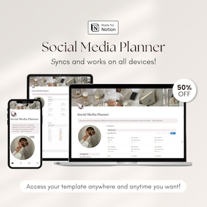 May include: A digital social media planner displayed on a smartphone, tablet, and laptop. The screens show the planner's interface with text and images. The image includes the text "Social Media Planner" and "Syncs and works on all devices!"