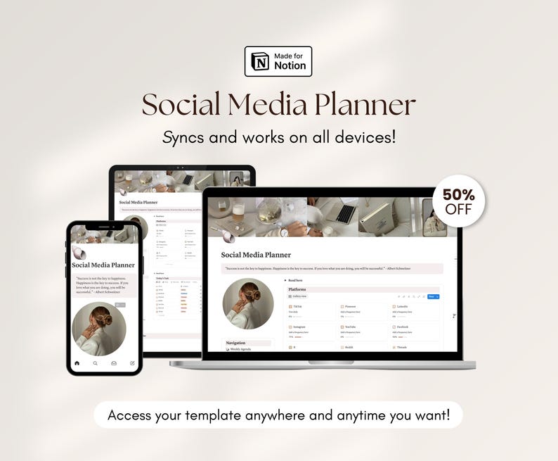 May include: A digital social media planner displayed on a smartphone, tablet, and laptop. The screens show the planner's interface with text and images. The image includes the text "Social Media Planner" and "Syncs and works on all devices!"